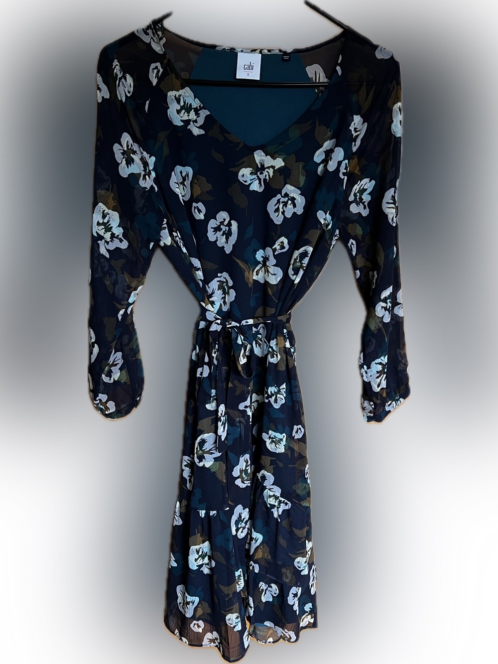 CAbi Navy Floral Wrap Dress with Teal and White Blossoms